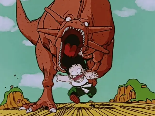 Gohan correndo de um dinossauro em Dragon Ball Z